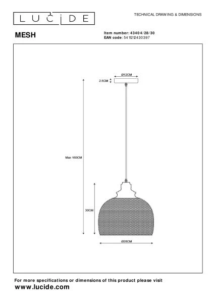 Lucide MESH - Hanglamp - Ø 28 cm - 1xE27 - Zwart - technisch